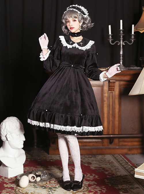 Vintage Velvet Pearl Jacquard Lace Gorgeous Back Slit Bowknot Gothic Lolita Long Sleeve Dress