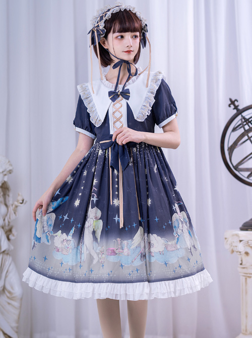 Little Prince Series Printing Bowknot High Waist Sweet Lolita Short Sleeve Dress