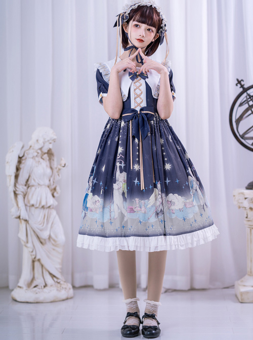 Little Prince Series Printing Bowknot High Waist Sweet Lolita Short Sleeve Dress