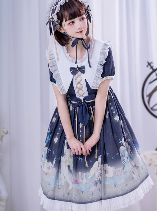 Little Prince Series Printing Bowknot High Waist Sweet Lolita Short Sleeve Dress