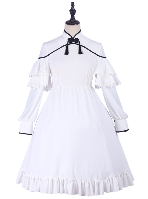 Chinese Style Black Printing Classic Lolita White Long Sleeve Dress Set