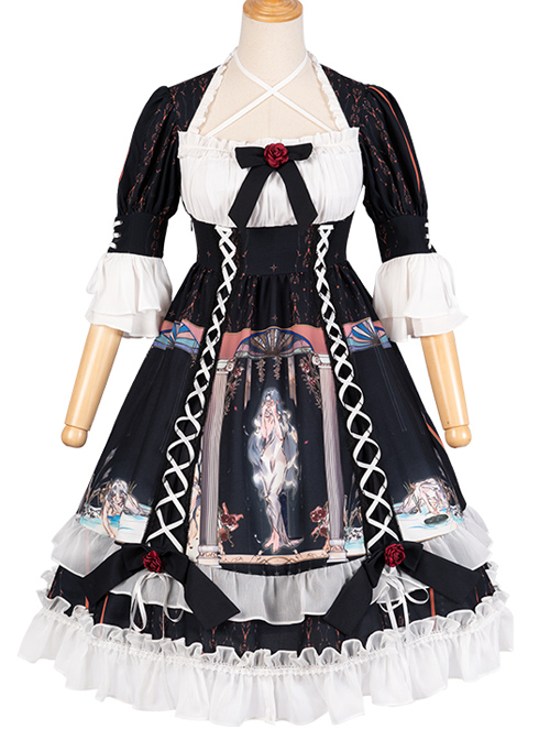 Narkissos Series Printing Retro Black Classic Lolita Short Sleeve Dress