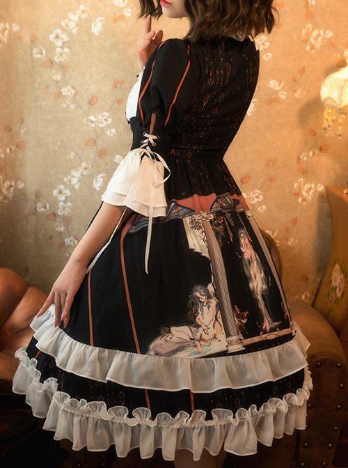 Narkissos Series Printing Retro Black Classic Lolita Short Sleeve Dress