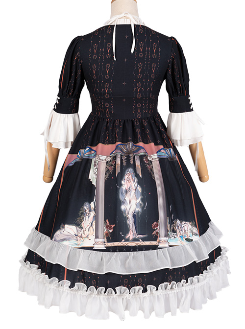 Narkissos Series Printing Retro Black Classic Lolita Short Sleeve Dress