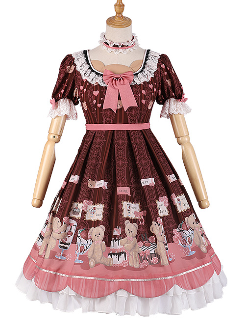 Little Bear Dessert Series OP Printing Pink Bowknot Sweet Lolita Short Sleeve Dress