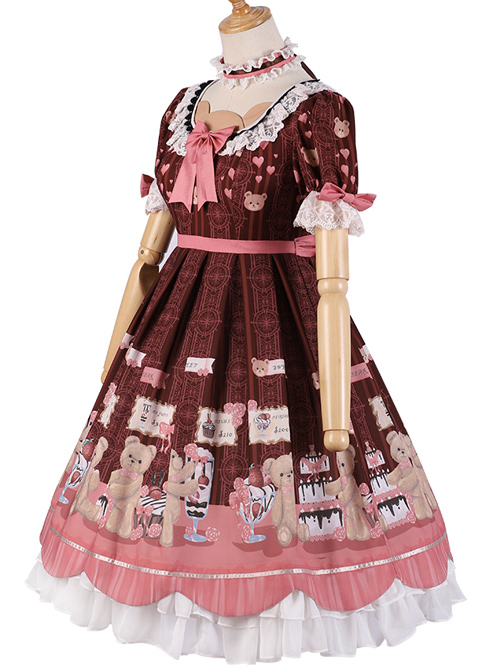 Little Bear Dessert Series OP Printing Pink Bowknot Sweet Lolita Short Sleeve Dress