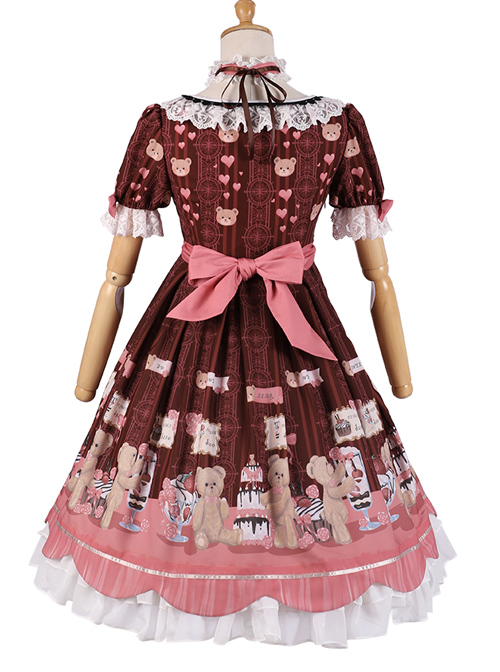 Little Bear Dessert Series OP Printing Pink Bowknot Sweet Lolita Short Sleeve Dress