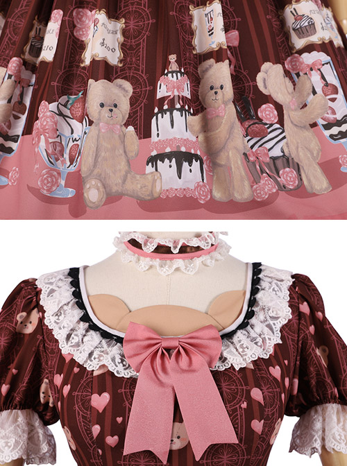 Little Bear Dessert Series OP Printing Pink Bowknot Sweet Lolita Short Sleeve Dress