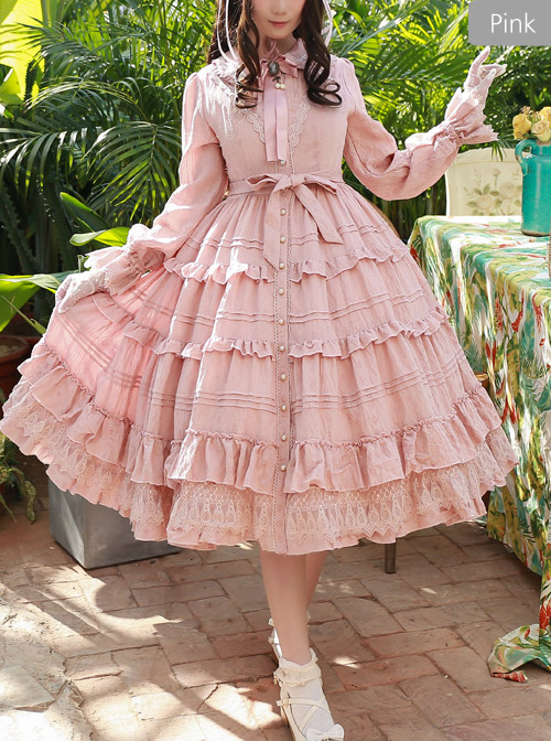 Elegant Little High Collar Jacquard Ruffle Long Sleeve Classic Lolita Long Style Dress