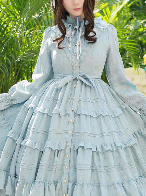 Elegant Little High Collar Jacquard Ruffle Long Sleeve Classic Lolita Long Style Dress