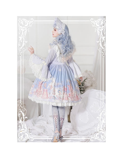 November's ode Series OP Cute Printing Sweet Lolita Trumpet Sleeve Dress