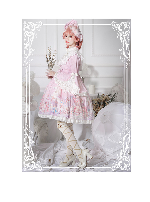 November's ode Series OP Cute Printing Sweet Lolita Trumpet Sleeve Dress