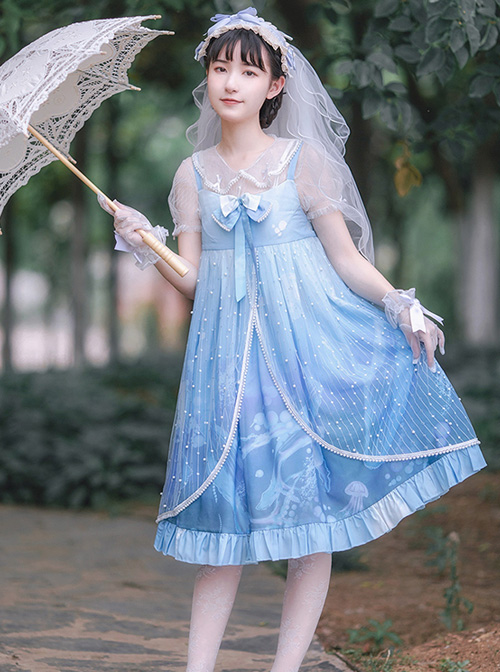 Ocean Series Whale And Jellyfish Printing Classic Lolita Blue Sling Dress