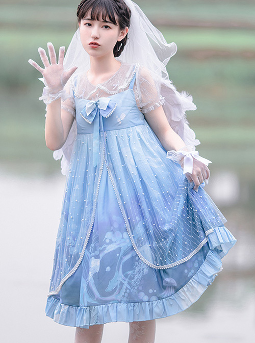 Ocean Series Whale And Jellyfish Printing Classic Lolita Blue Sling Dress