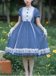 White Lace Ruffle Hem Blue Elegant OP Classic Lolita Short Sleeve Dress