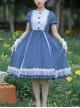 White Lace Ruffle Hem Blue Elegant OP Classic Lolita Short Sleeve Dress