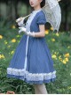 White Lace Ruffle Hem Blue Elegant OP Classic Lolita Short Sleeve Dress