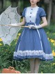 White Lace Ruffle Hem Blue Elegant OP Classic Lolita Short Sleeve Dress