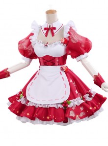 Cherry Decoration Rose Printing Red Sweet Lolita Short Sleeve Puff Sleeve Dress