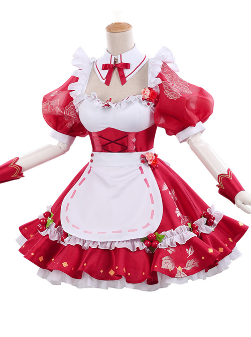 Cherry Decoration Rose Printing Red Sweet Lolita Short Sleeve Puff Sleeve Dress