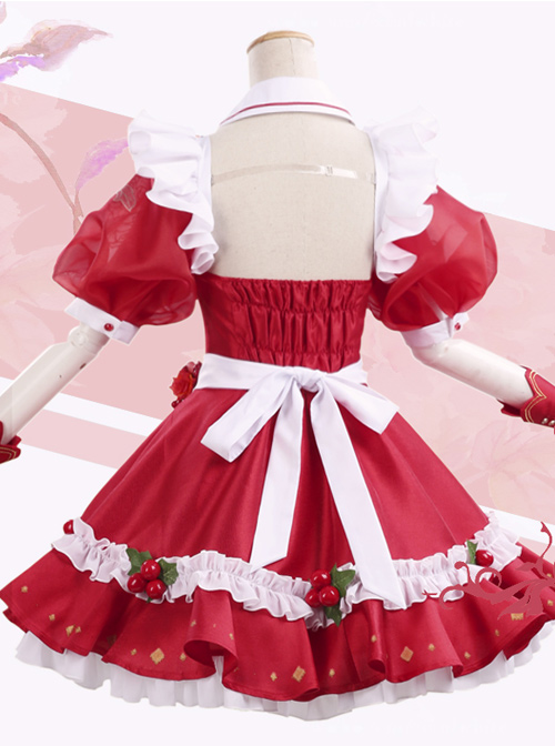 Cherry Decoration Rose Printing Red Sweet Lolita Short Sleeve Puff Sleeve Dress