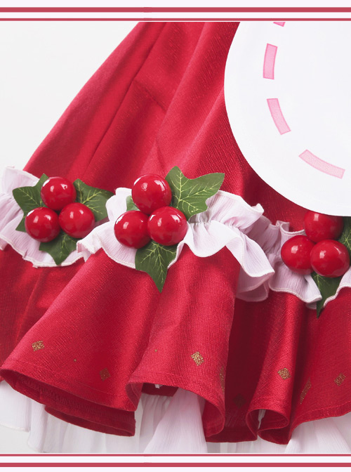 Cherry Decoration Rose Printing Red Sweet Lolita Short Sleeve Puff Sleeve Dress