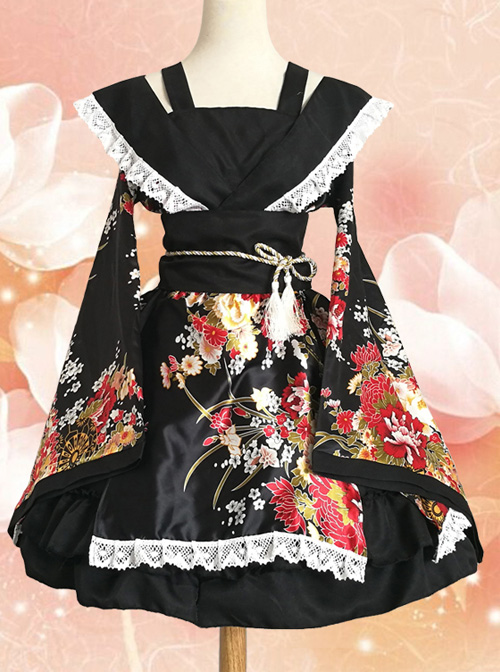 Japanese Style Flowers Printing Bowknot Black Kimono Classic Lolita Dress