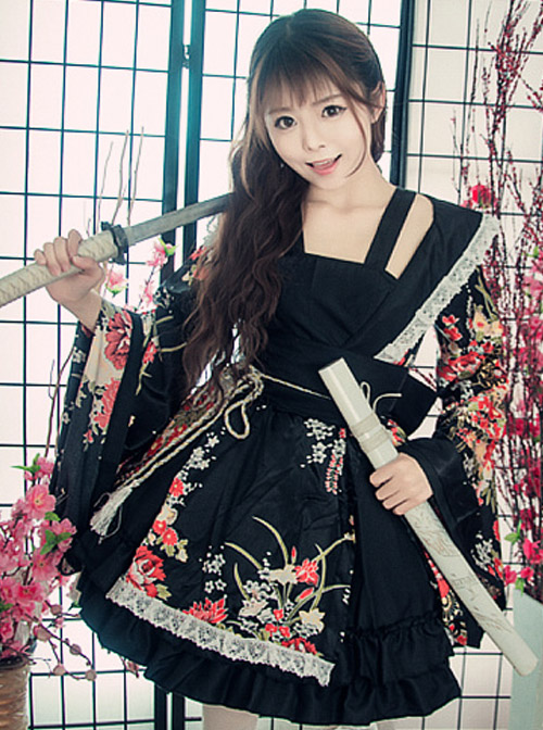 Japanese Style Flowers Printing Bowknot Black Kimono Classic Lolita Dress