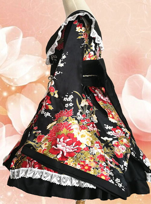 Japanese Style Flowers Printing Bowknot Black Kimono Classic Lolita Dress