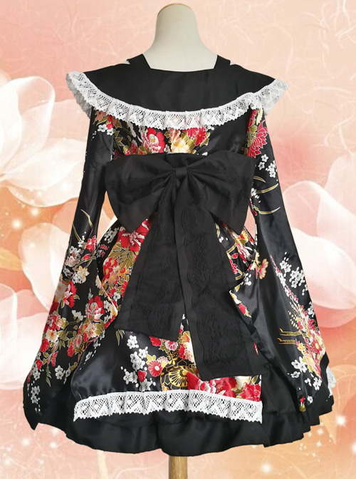 Japanese Style Flowers Printing Bowknot Black Kimono Classic Lolita Dress