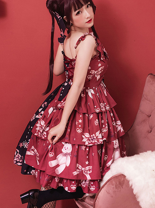 Magic Tea Party Chocolate Rabbit Series Printing Chinese Style Sweet Lolita Sling Dress