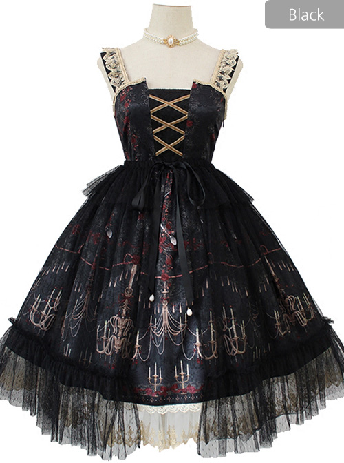 Chandelier Series Ruffle Bowknot Normal Hem Sweet Lolita Lace Sling Dress