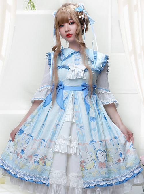 Lemon Duck Series OP Light Blue Pastoral Style Sweet Lolita Lapel Half Sleeve Dress