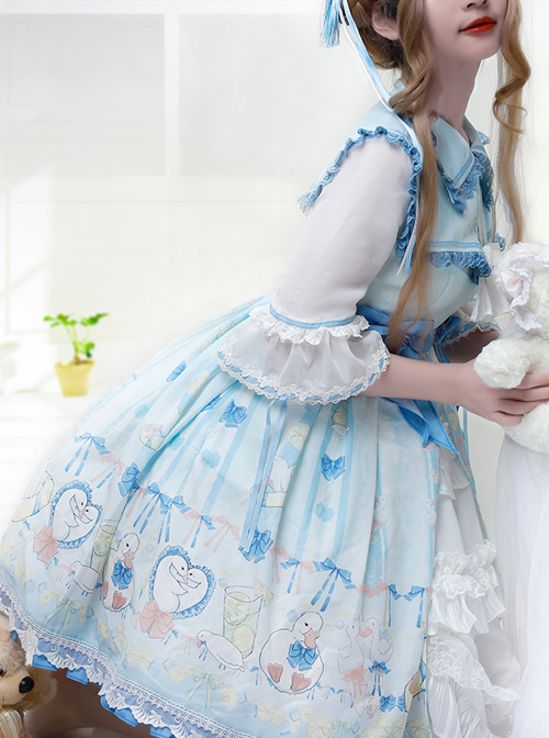 Lemon Duck Series OP Light Blue Pastoral Style Sweet Lolita Lapel Half Sleeve Dress