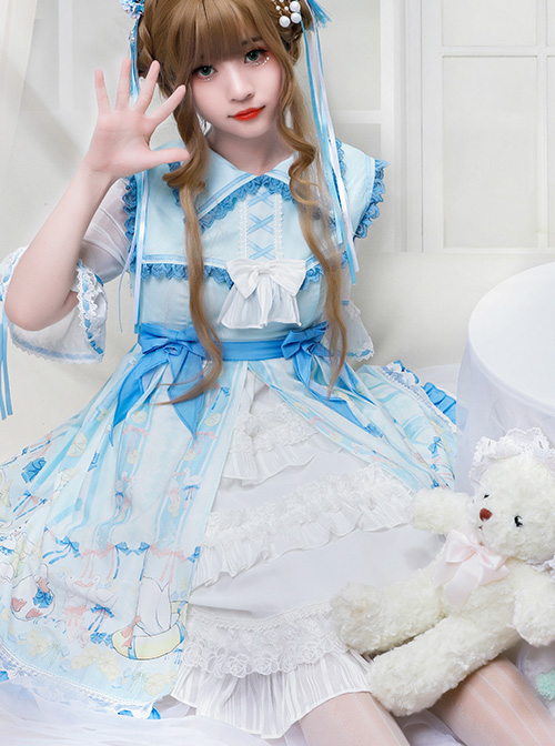 Lemon Duck Series OP Light Blue Pastoral Style Sweet Lolita Lapel Half Sleeve Dress