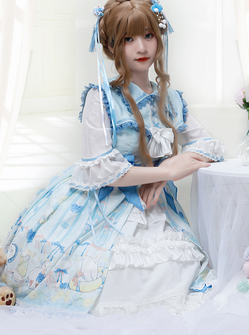 Lemon Duck Series OP Light Blue Pastoral Style Sweet Lolita Lapel Half Sleeve Dress