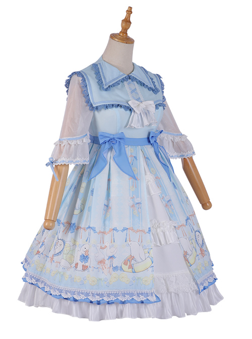 Lemon Duck Series OP Light Blue Pastoral Style Sweet Lolita Lapel Half Sleeve Dress