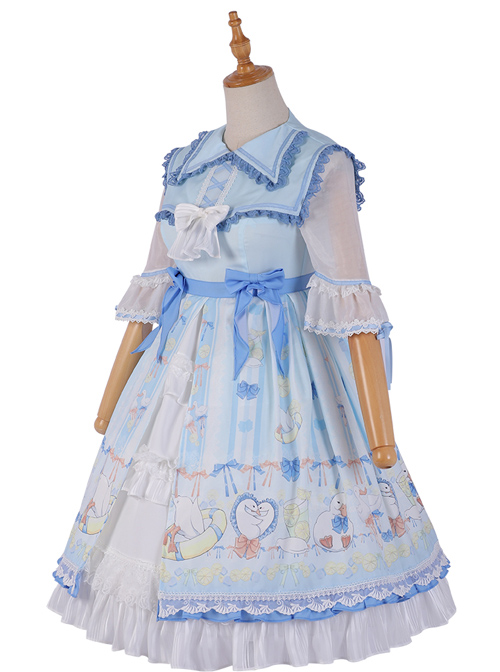 Lemon Duck Series OP Light Blue Pastoral Style Sweet Lolita Lapel Half Sleeve Dress