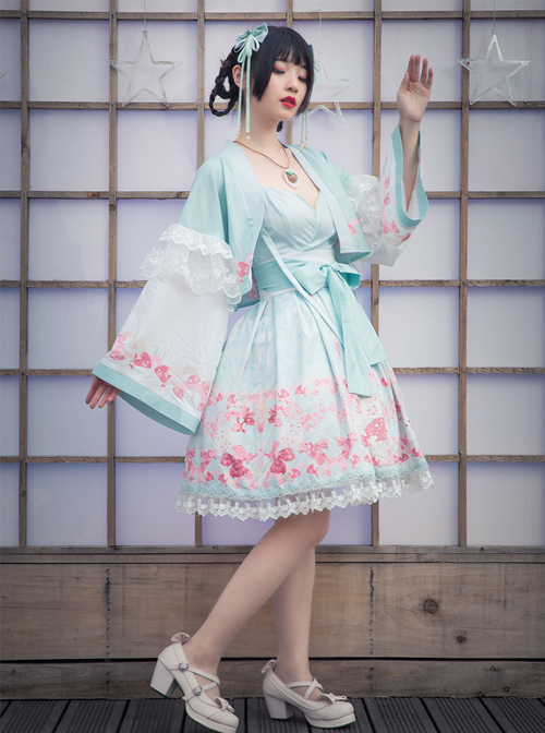 Cherry Blossom Festival Series JSK Printing Light Green Japanese Style Sweet Lolita Sling Dress With The Thin Coat