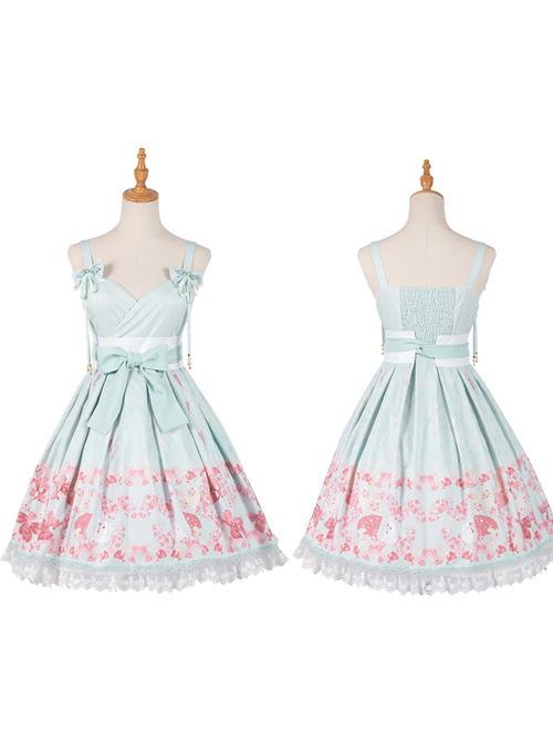 Cherry Blossom Festival Series JSK Printing Light Green Japanese Style Sweet Lolita Sling Dress With The Thin Coat