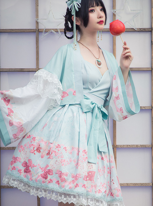 Cherry Blossom Festival Series JSK Printing Light Green Japanese Style Sweet Lolita Sling Dress With The Thin Coat