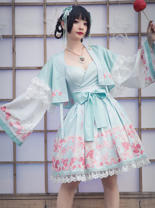 Cherry Blossom Festival Series JSK Printing Light Green Japanese Style Sweet Lolita Sling Dress With The Thin Coat