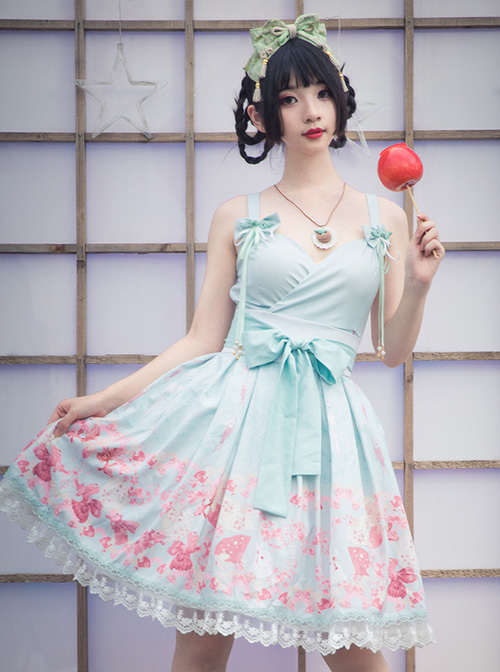 Cherry Blossom Festival Series JSK Printing Light Green Japanese Style Sweet Lolita Sling Dress With The Thin Coat