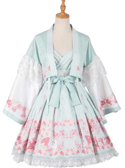 Cherry Blossom Festival Series JSK Printing Light Green Japanese Style Sweet Lolita Sling Dress With The Thin Coat