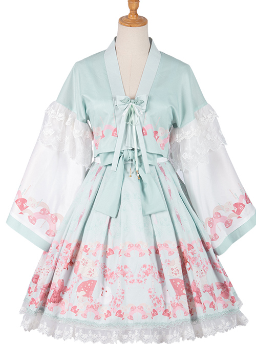 Cherry Blossom Festival Series JSK Printing Light Green Japanese Style Sweet Lolita Sling Dress With The Thin Coat