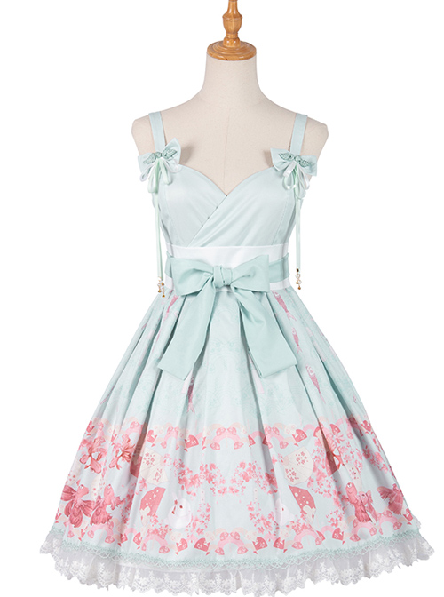 Cherry Blossom Festival Series JSK Printing Light Green Japanese Style Sweet Lolita Sling Dress With The Thin Coat