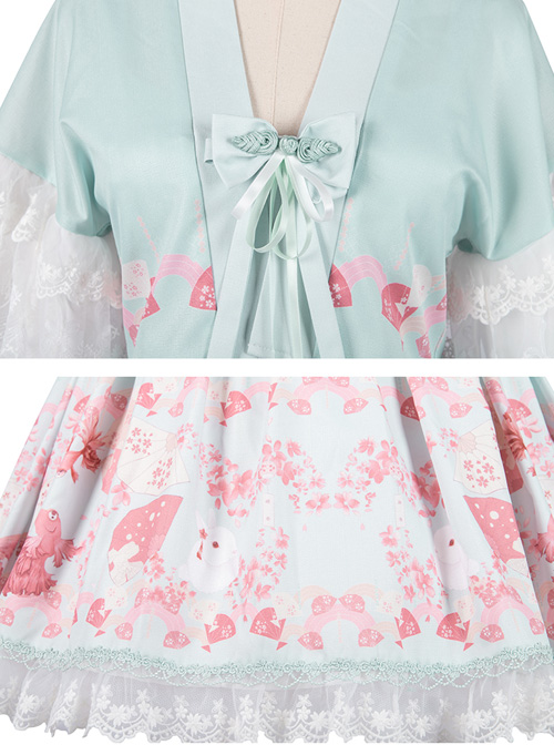 Cherry Blossom Festival Series JSK Printing Light Green Japanese Style Sweet Lolita Sling Dress With The Thin Coat