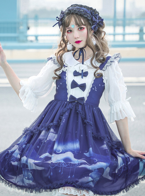 Dream Of Cloud Whale Series JSK Bowknot Navy Blue Sweet Lolita Sling Dress