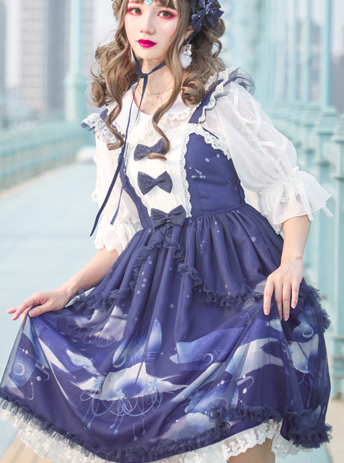 Dream Of Cloud Whale Series JSK Bowknot Navy Blue Sweet Lolita Sling Dress