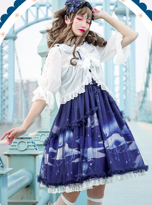 Dream Of Cloud Whale Series JSK Bowknot Navy Blue Sweet Lolita Sling Dress